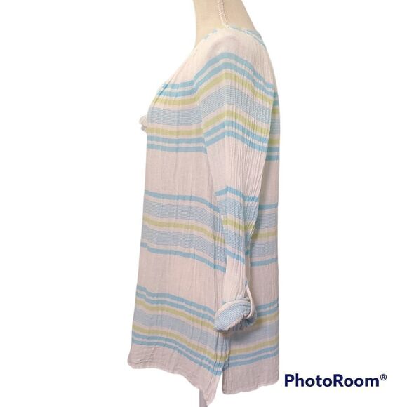 J.Jill small white blue stripe oversized cotton summer tie tassel neck tunic top - Picture 6 of 7